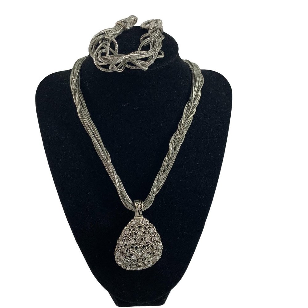 Silver Tone Twisted Multi Strand Necklace Bracelet Filigree Rhinestone Pendant